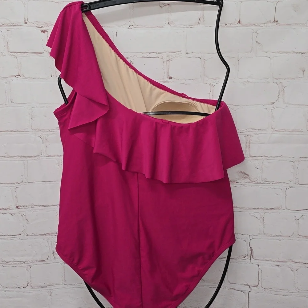 Kona Sol One Piece Swimsuit Ruffle One Shoulder Full Coverage Seat Hot Pink - Picture 6 of 15